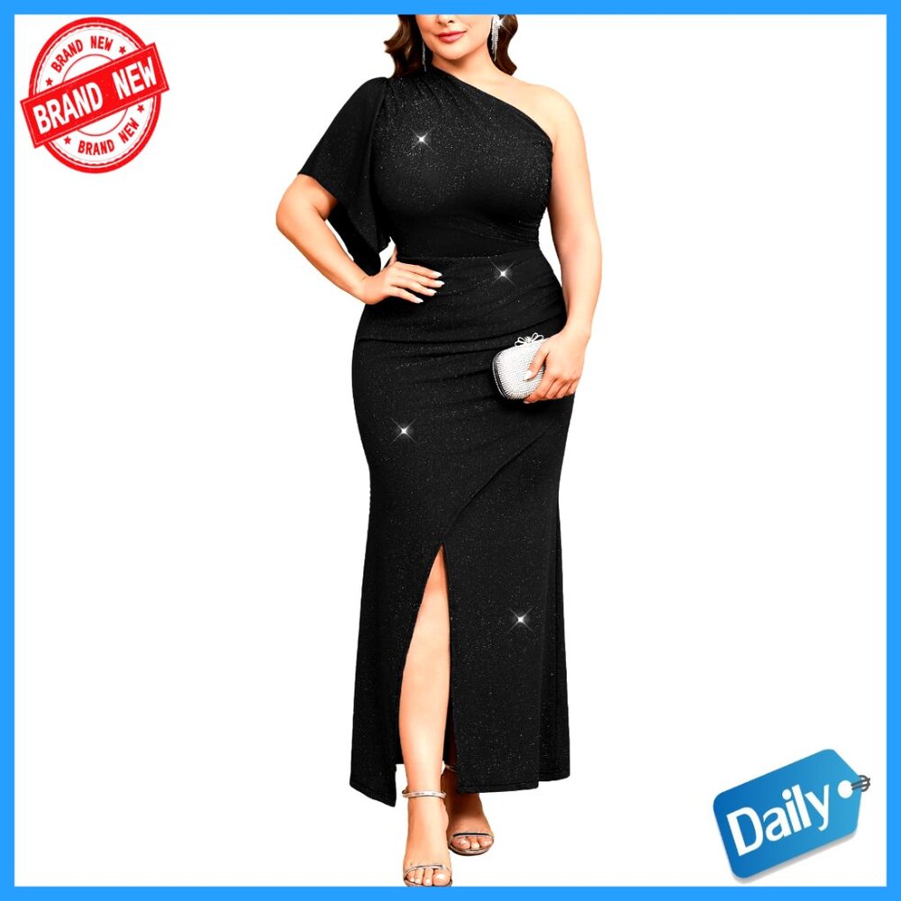 One Shoulder Sparkly Maxi Dress Ruched Bodycon Formal Evening Gown High Slit